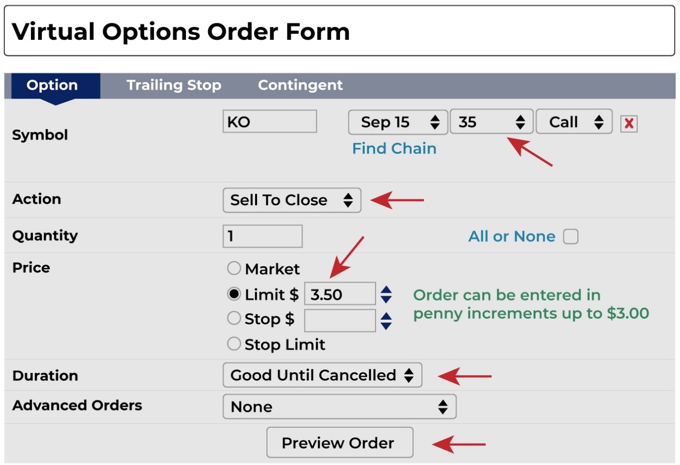 Virtual Options Order Form