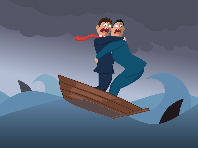 Illustration of scared businessmen on a boat surrounded by sharks