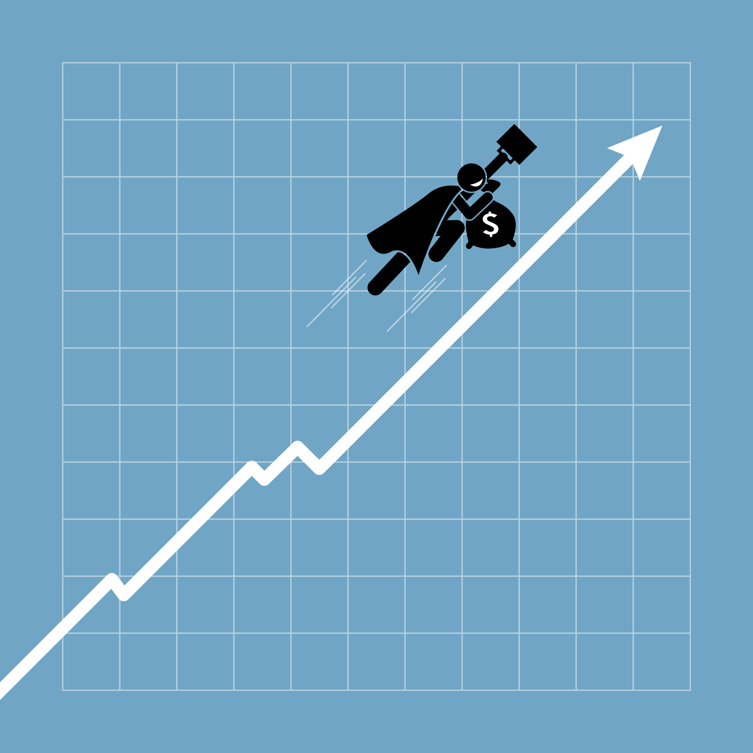 Illustration of a super-hero stick figure flying alongside a stock chart