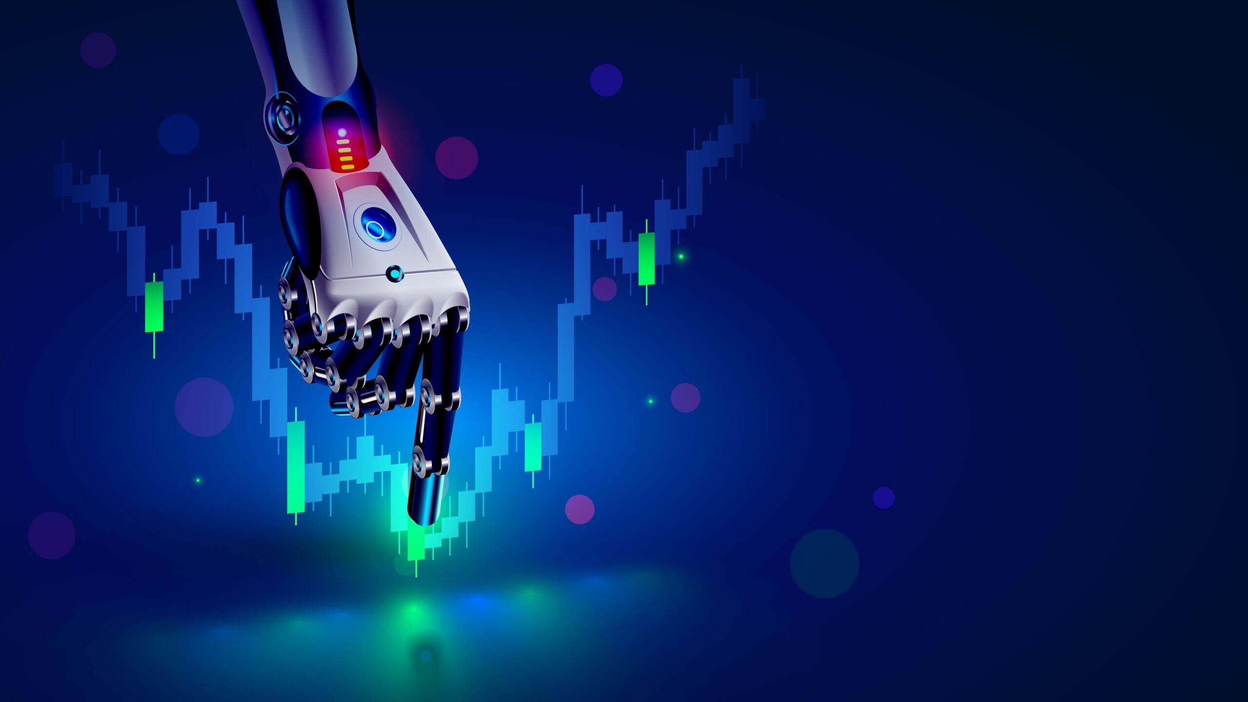 Robotic hand pointing at a stock chart