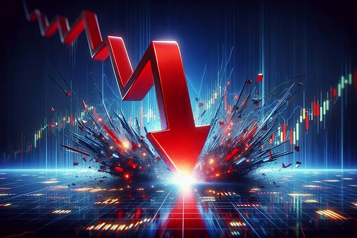 Red financial charts displaying market decline and crisis data with downward trending lines